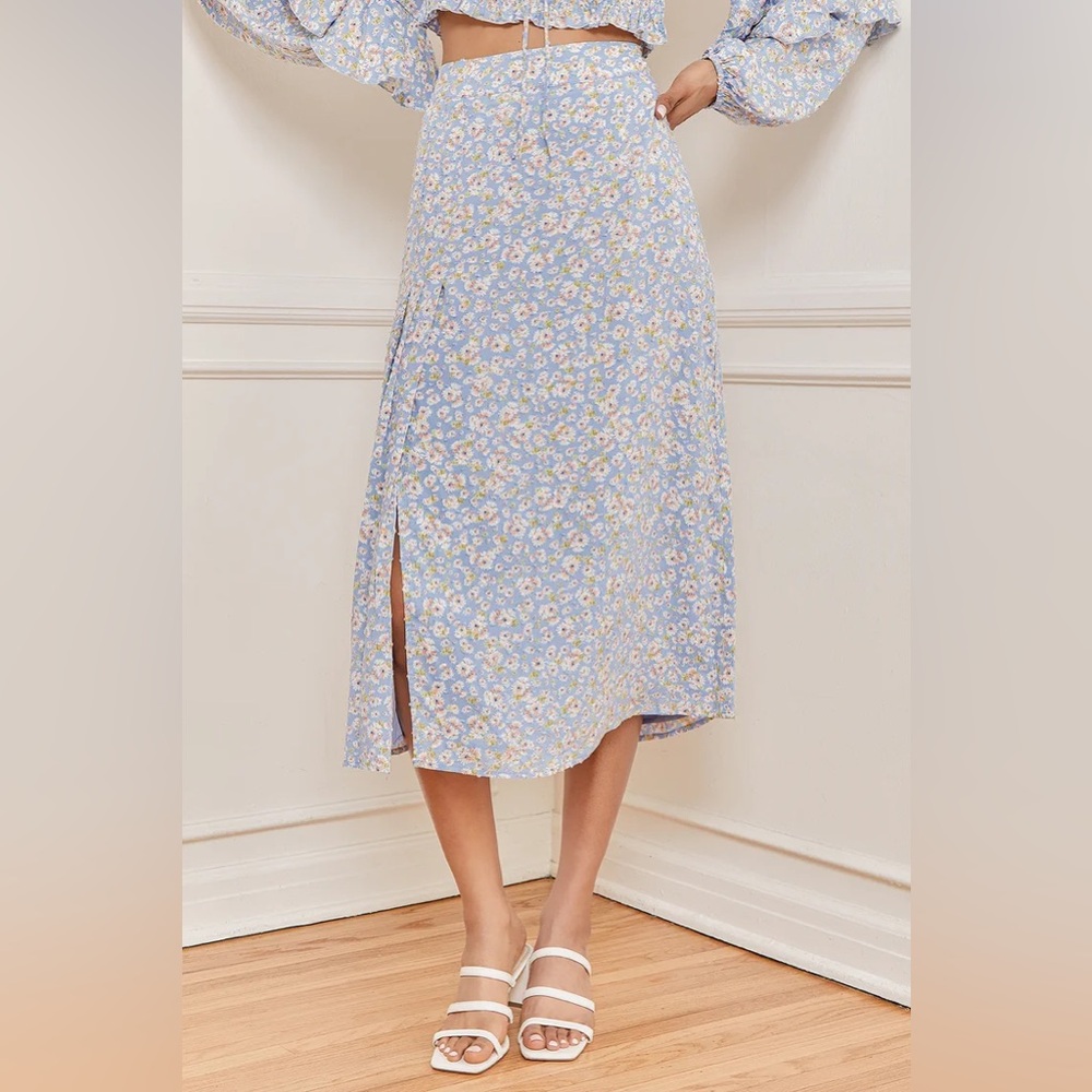 Lulus Floral Light Blue Midi Skirt with Slit XL